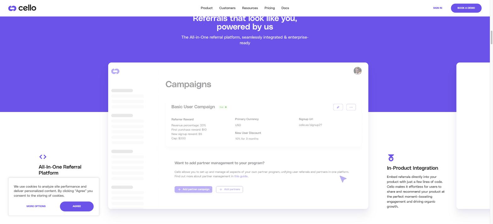 Cello.so Campaigns Dashboard showing referral program setup