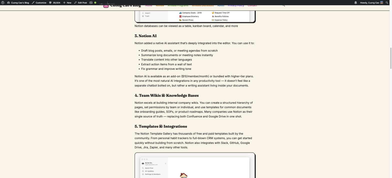 Notion workspace features - Block-based editing and AI assistant