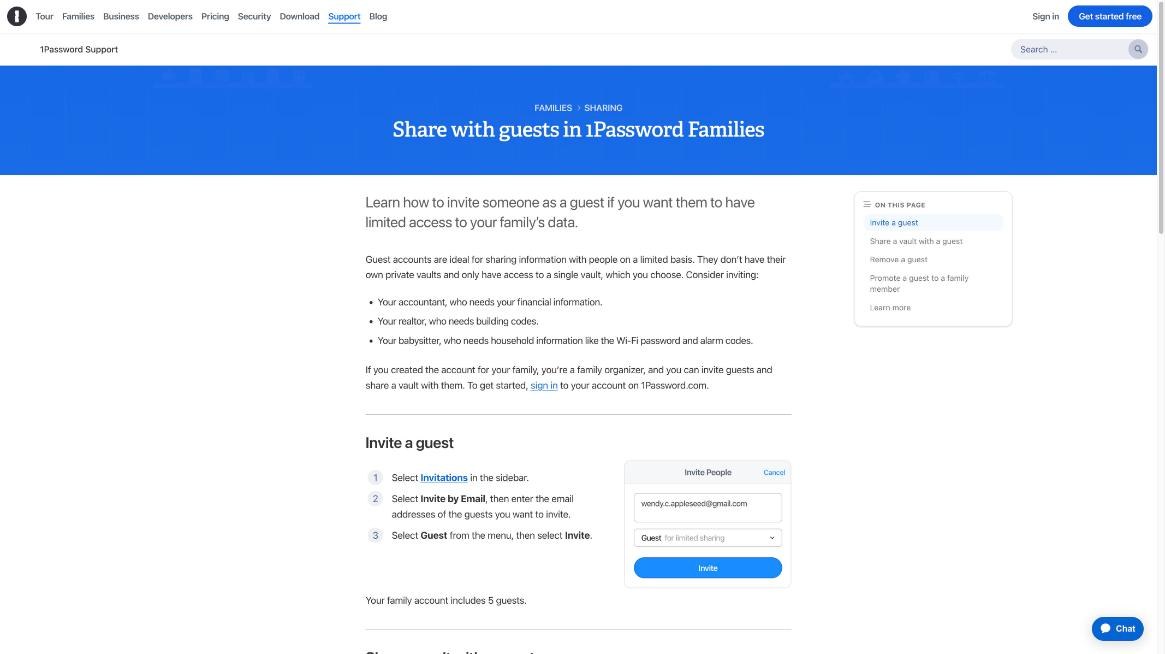 1Password support page showing how to invite a guest with limited vault access