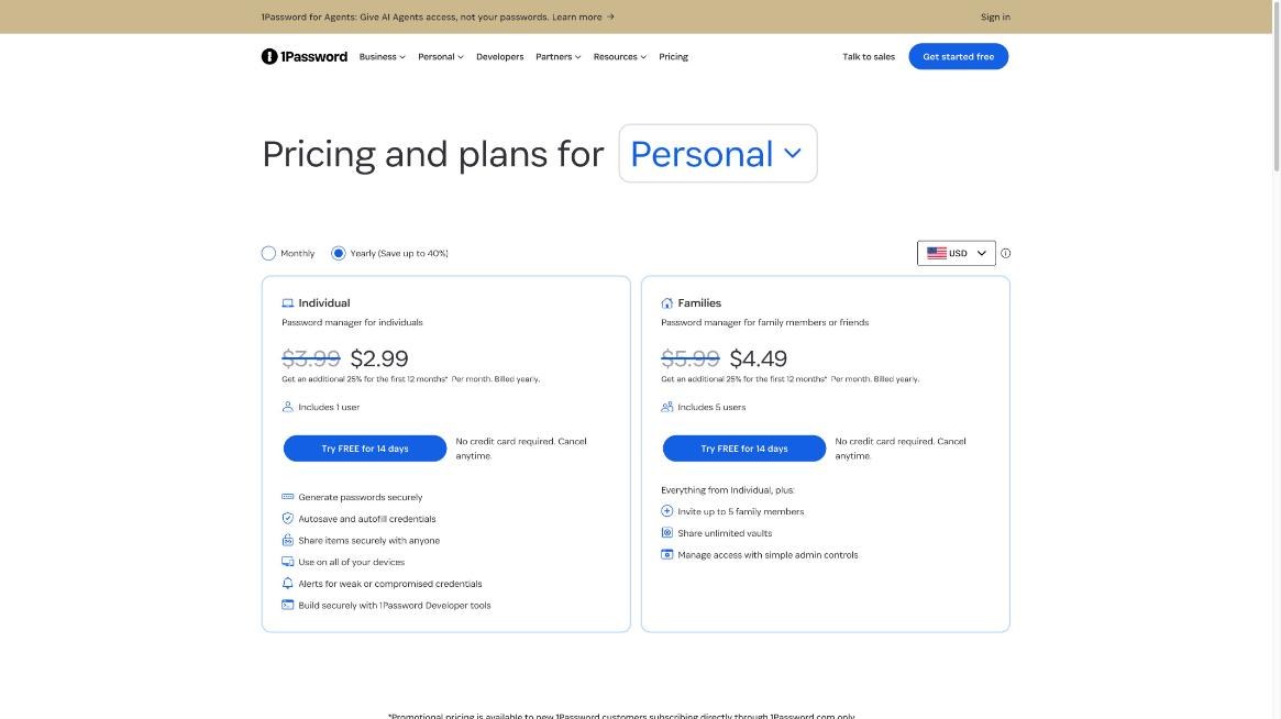 1Password Individual and Families pricing with first-year promotional prices