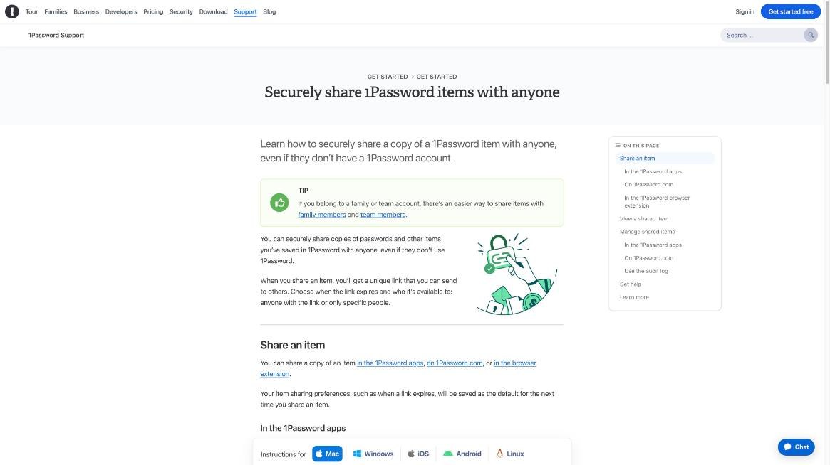 1Password support page on securely sharing items with anyone using a link