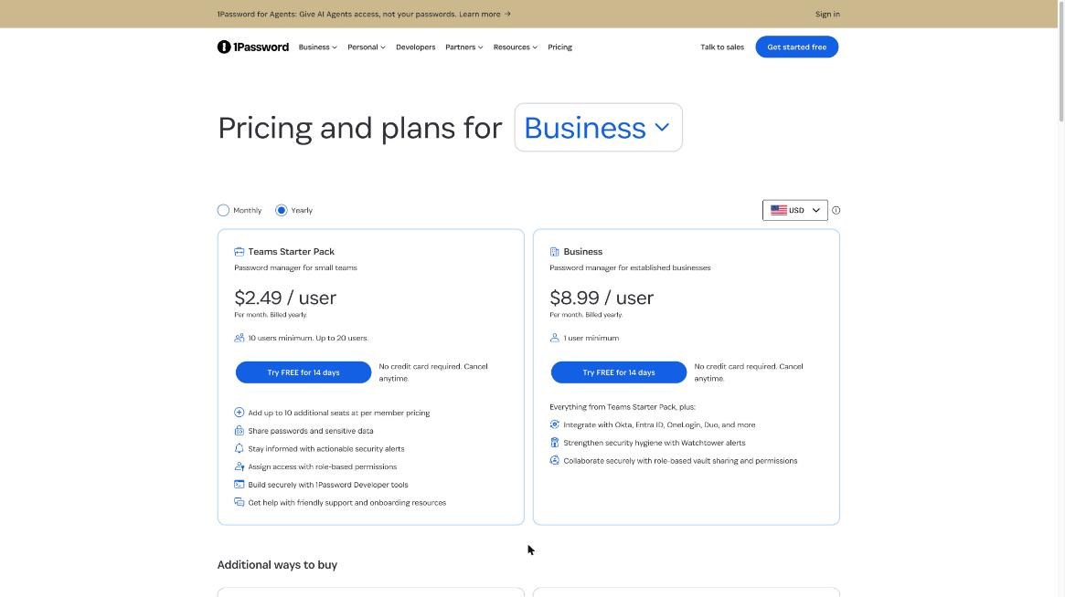 1Password Teams Starter Pack and Business pricing billed yearly