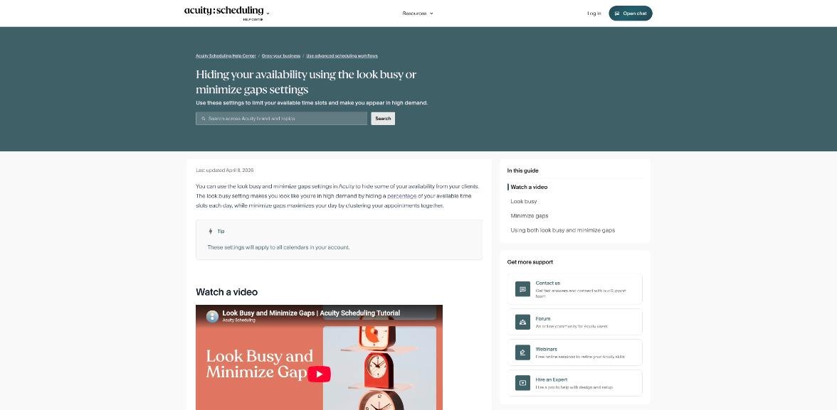 Acuity Scheduling help article on hiding availability with look busy and minimize gaps
