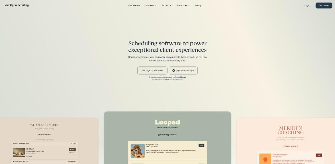 Acuity Scheduling homepage with the Scheduling software to power exceptional client experiences headline