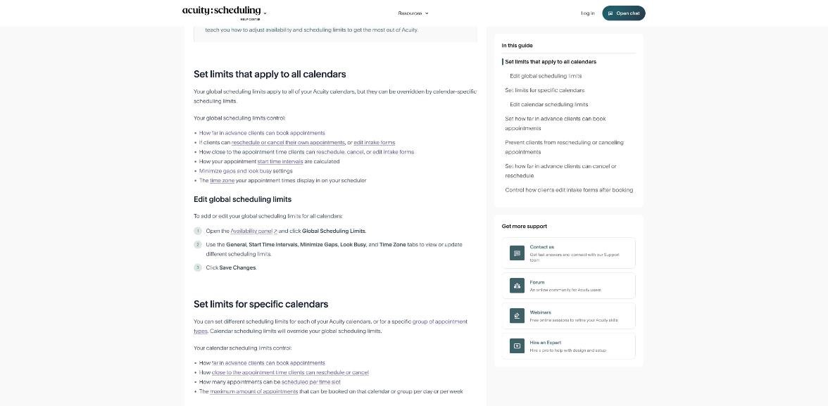 Acuity Scheduling help article on global and calendar scheduling limits