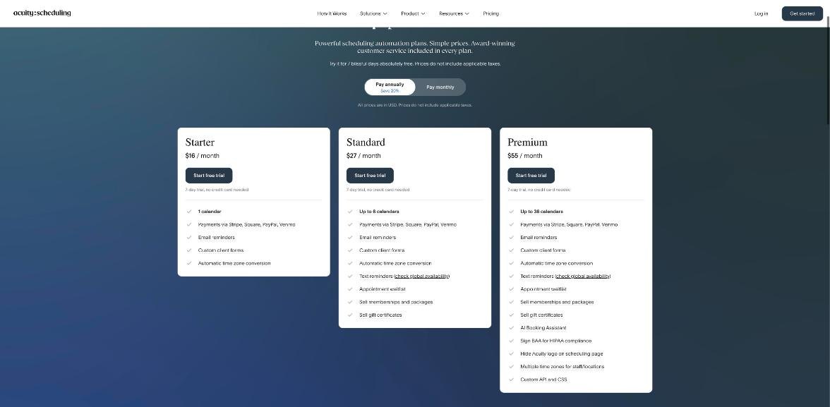 Acuity Scheduling pricing page with Starter, Standard and Premium plans billed annually