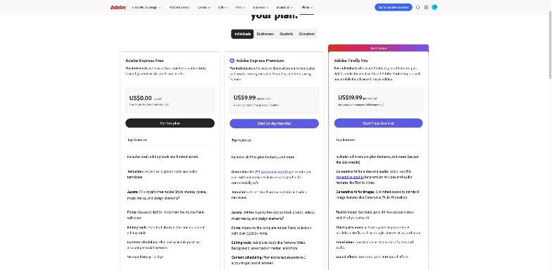 Adobe Express pricing cards for Free, Premium and Firefly Pro plans