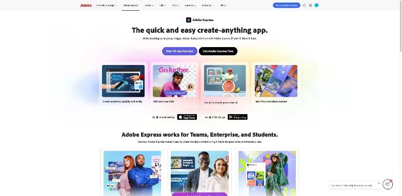 Adobe Express homepage describing the quick and easy create-anything app