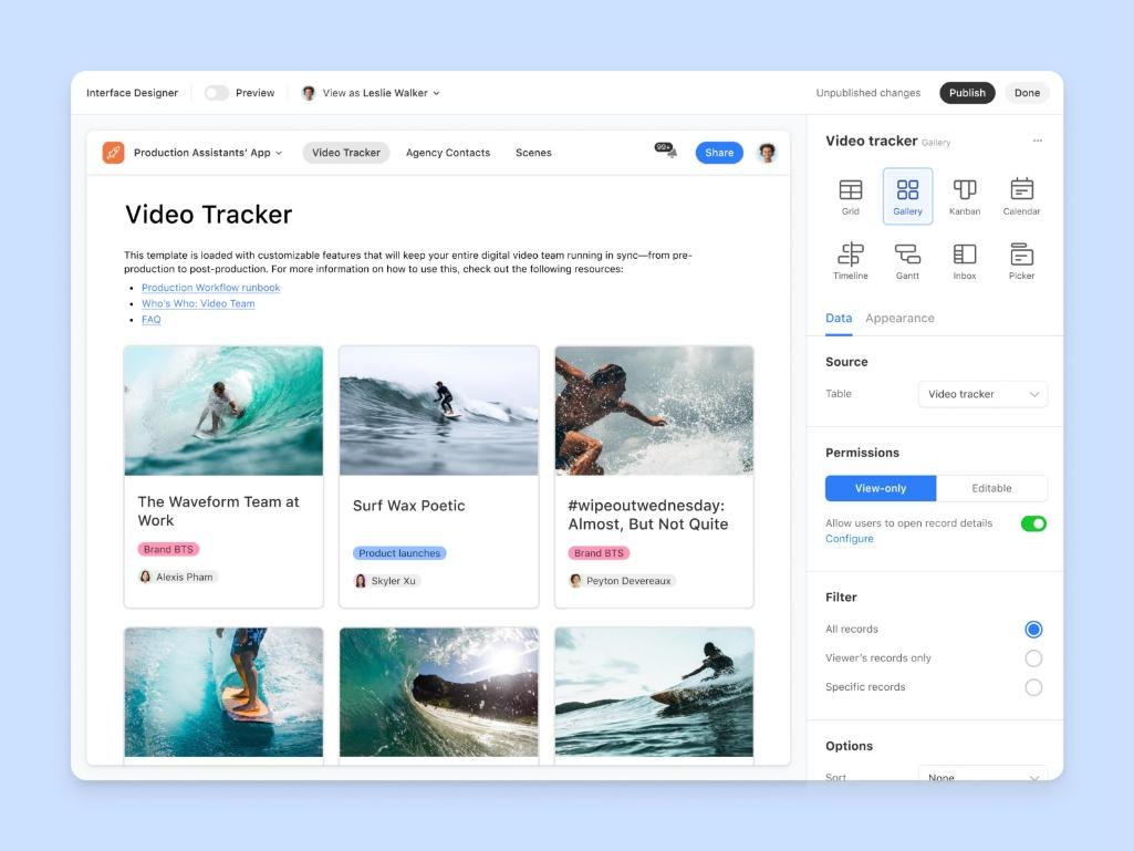 Airtable Interface Designer gallery view with view-only permissions
