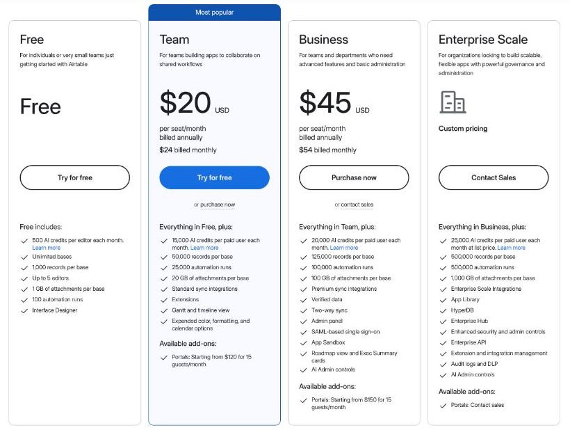 Airtable pricing Free Team Business and Enterprise Scale plans