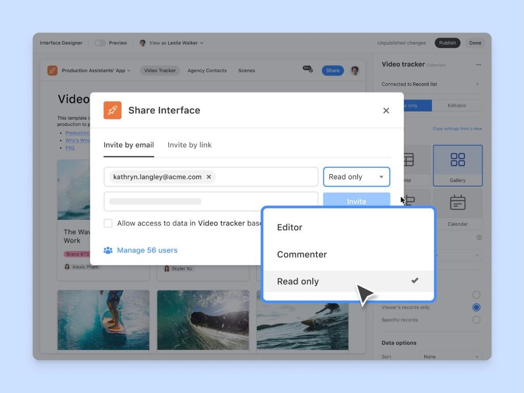Airtable Share Interface dialog with Editor Commenter and Read only roles