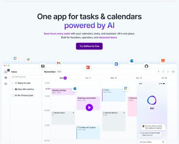 Akiflow homepage showing the inbox and weekly calendar in one app