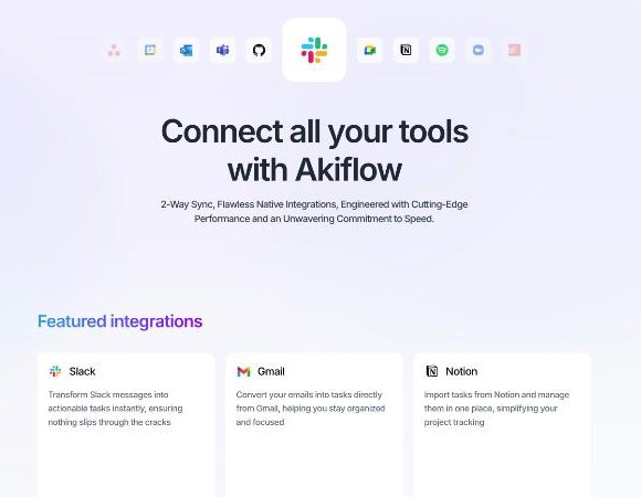 Akiflow integrations page featuring Slack, Gmail and Notion