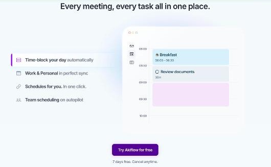 Akiflow calendar features for time blocking work and personal events