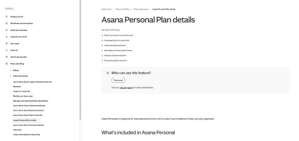 Asana Help Center article on Asana Personal plan details