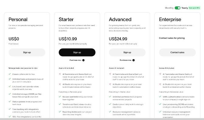 Asana pricing page with the Personal, Starter, Advanced and Enterprise plans