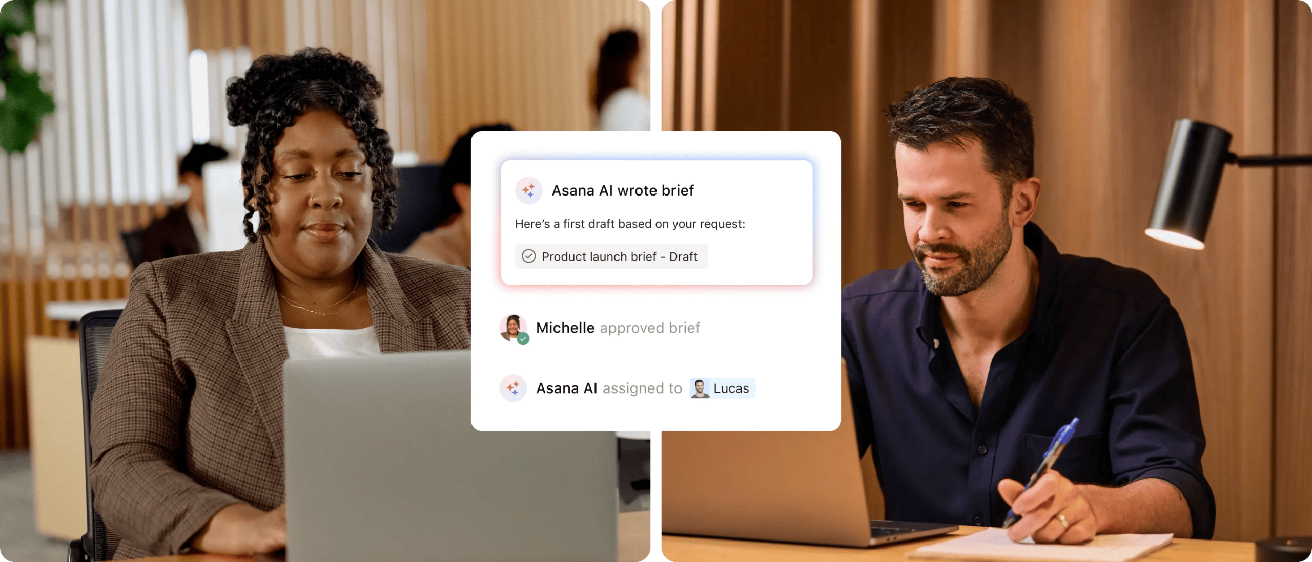 Asana AI drafting a brief and assigning a task, from Asana product page