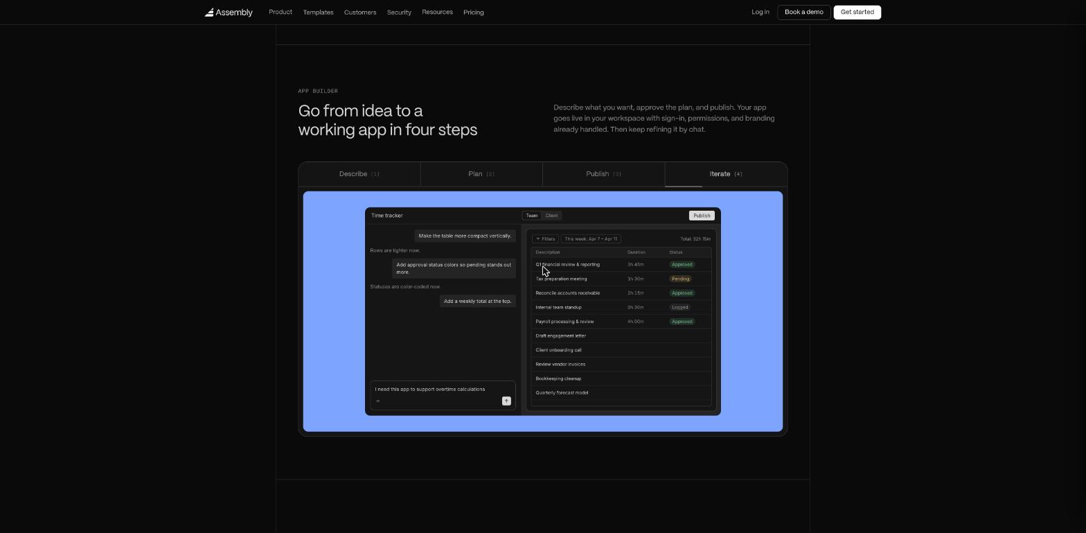 Assembly app builder section Go from idea to a working app in four steps, showing the Iterate step where a time tracker app is refined through chat requests