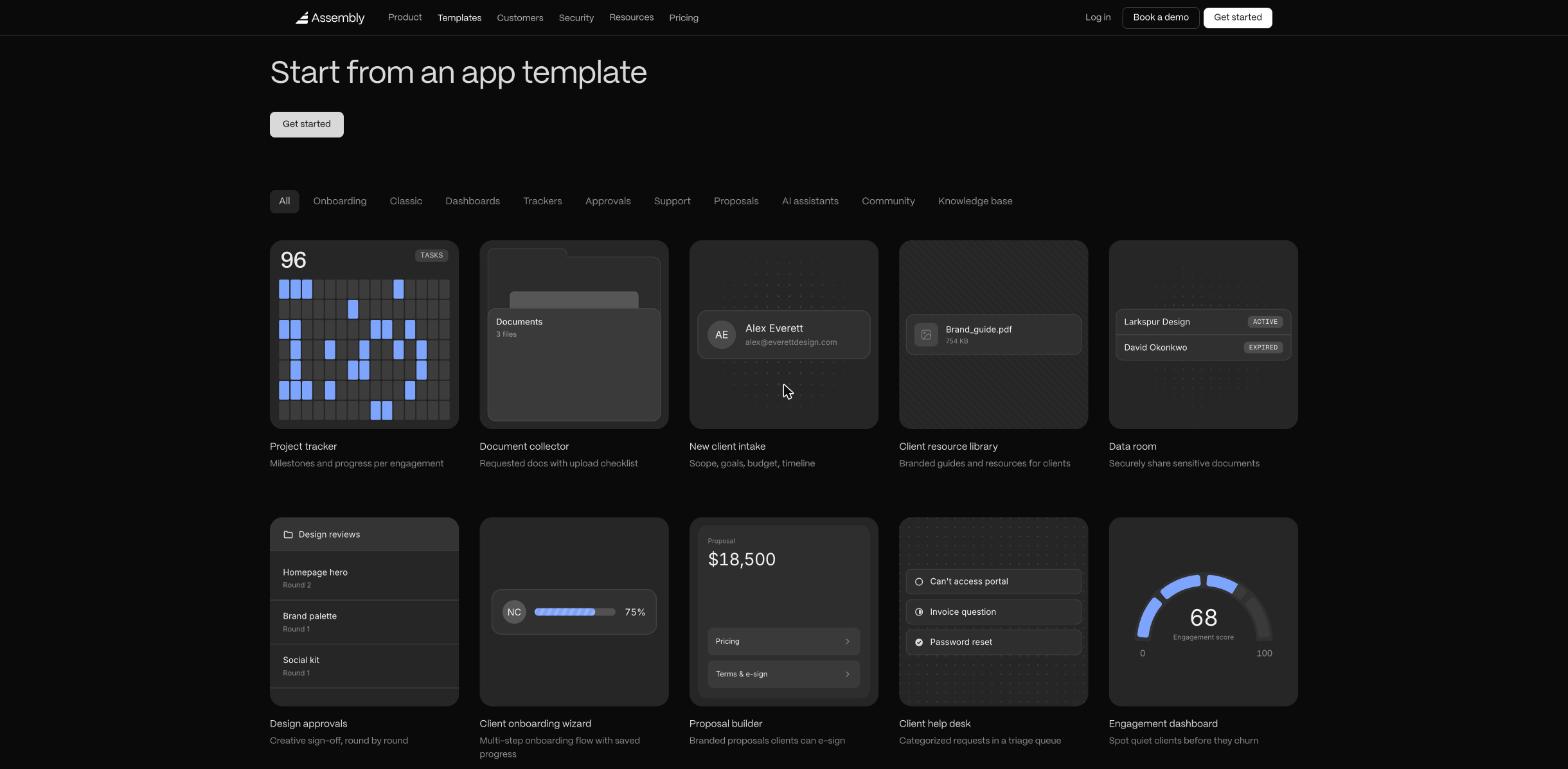 Assembly app template library showing Project tracker, Document collector, New client intake, Client resource library, Data room, Design approvals, Client onboarding wizard, Proposal builder, Client help desk and Engagement dashboard