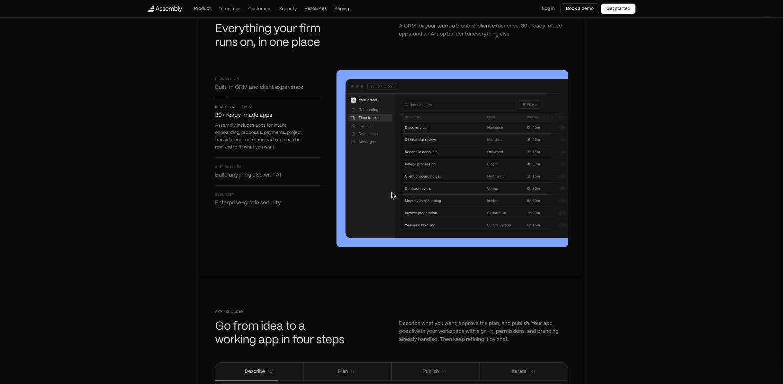 Assembly homepage section Everything your firm runs on in one place, showing a branded portal on yourbrand.com with Onboarding, Time tracker, Invoices, Documents and Messages in the sidebar