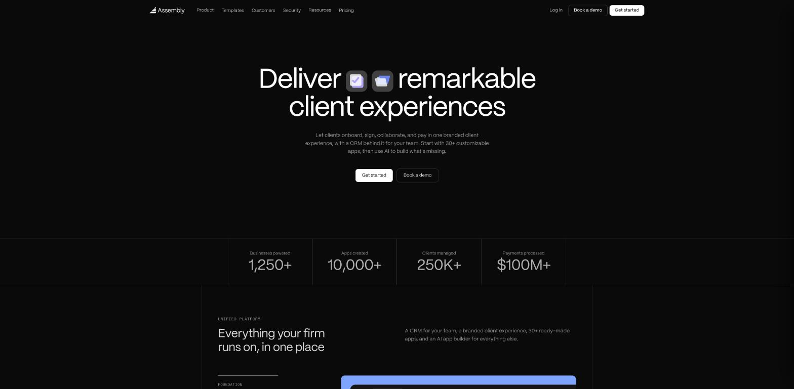 Assembly homepage headline Deliver remarkable client experiences with Get started and Book a demo buttons and stats for businesses powered, apps created, clients managed and payments processed