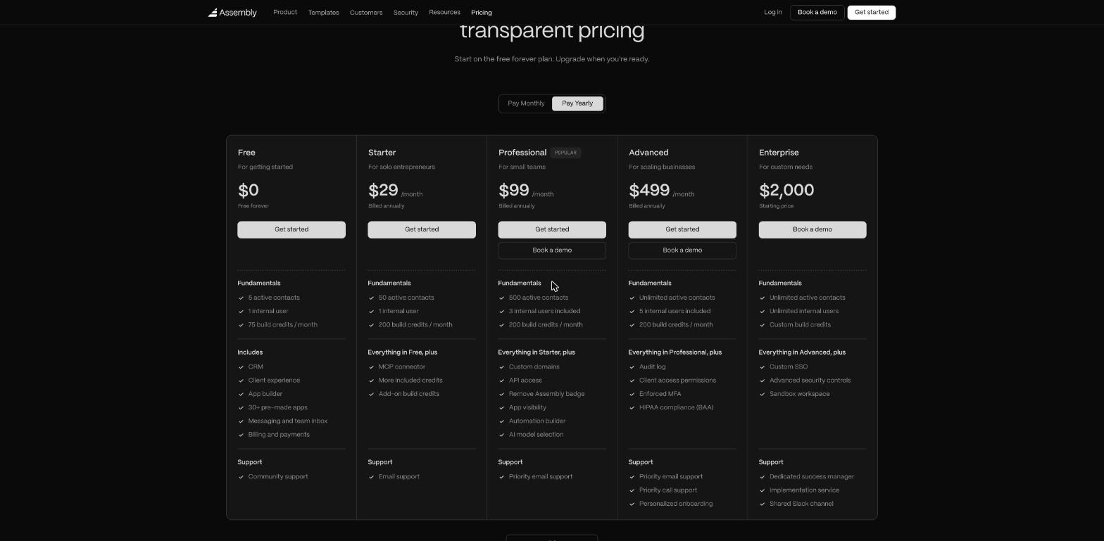 Assembly pricing page with yearly billing showing Free at 0 dollars, Starter at 29 dollars per month, Professional at 99 dollars, Advanced at 499 dollars and Enterprise from 2,000 dollars
