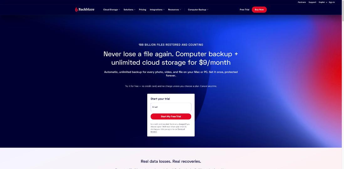 Backblaze Personal Backup page: computer backup plus unlimited cloud storage for 9 dollars a month