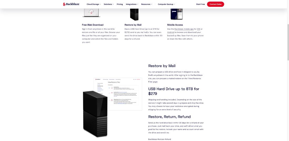 Backblaze restore options: free web download, restore by mail on a USB hard drive up to 8TB for 279 dollars, and mobile access