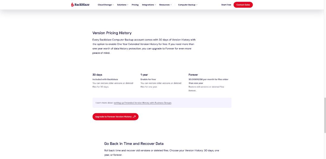 Backblaze version history options: 30 days included, 1 year enable for free, Forever priced per GB per month