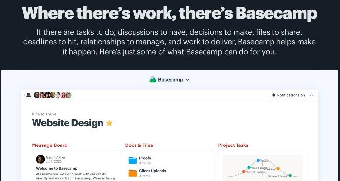 Basecamp features page headline Where there's work, there's Basecamp with a website design project preview
