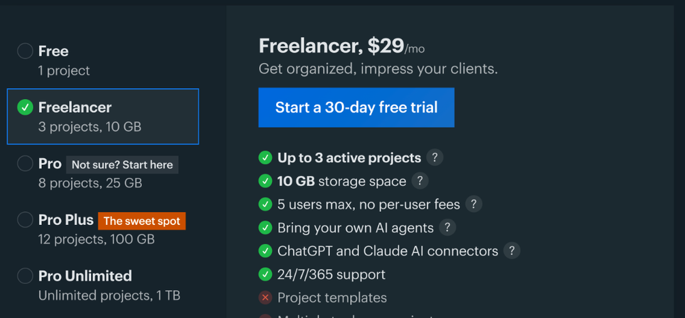 Basecamp pricing page showing the Freelancer plan at $29 per month with 3 active projects, 10 GB storage and 5 users