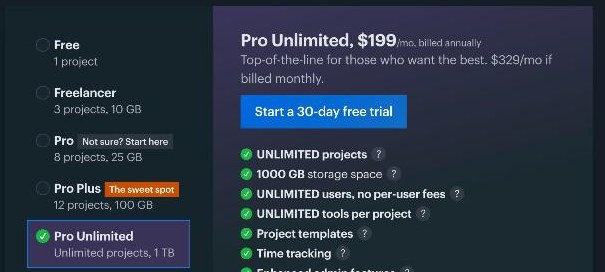 Basecamp pricing page showing Pro Unlimited at $199 per month billed annually with unlimited projects and users