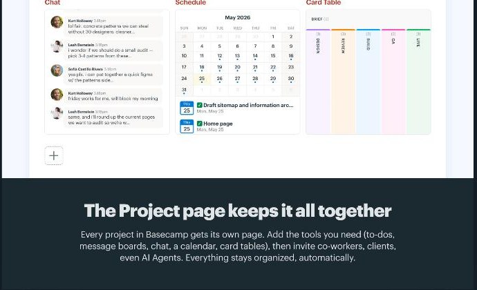Basecamp project page with chat, schedule and card table, explaining that you can invite co-workers, clients and AI agents