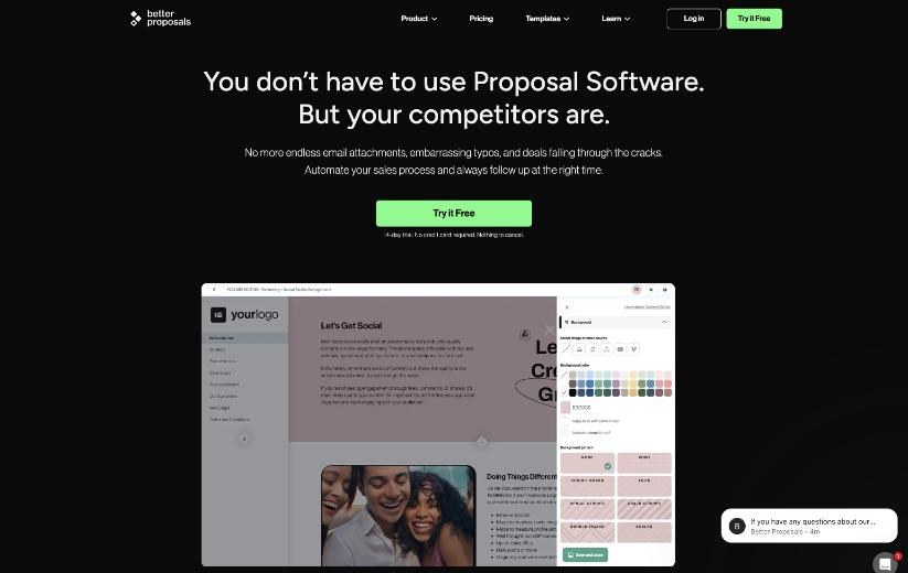 Better Proposals homepage showing the proposal editor