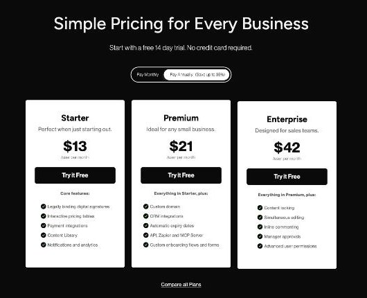 Better Proposals pricing for Starter, Premium and Enterprise plans billed annually