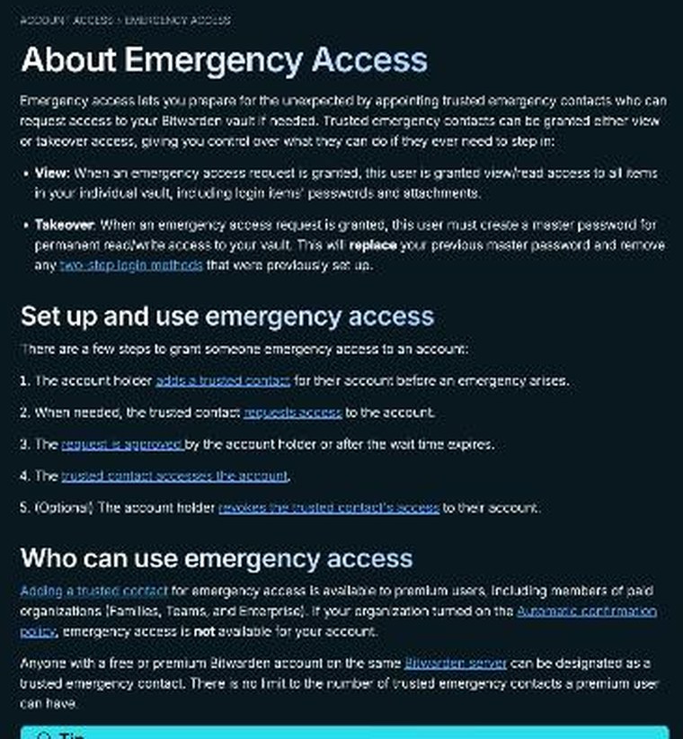 Bitwarden help article explaining emergency access with view and takeover options