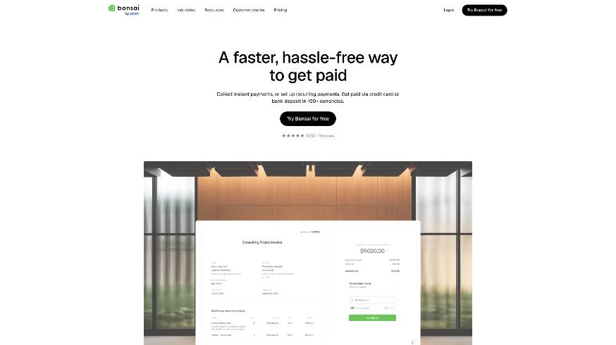 Bonsai payments page showing a client invoice with a card payment panel