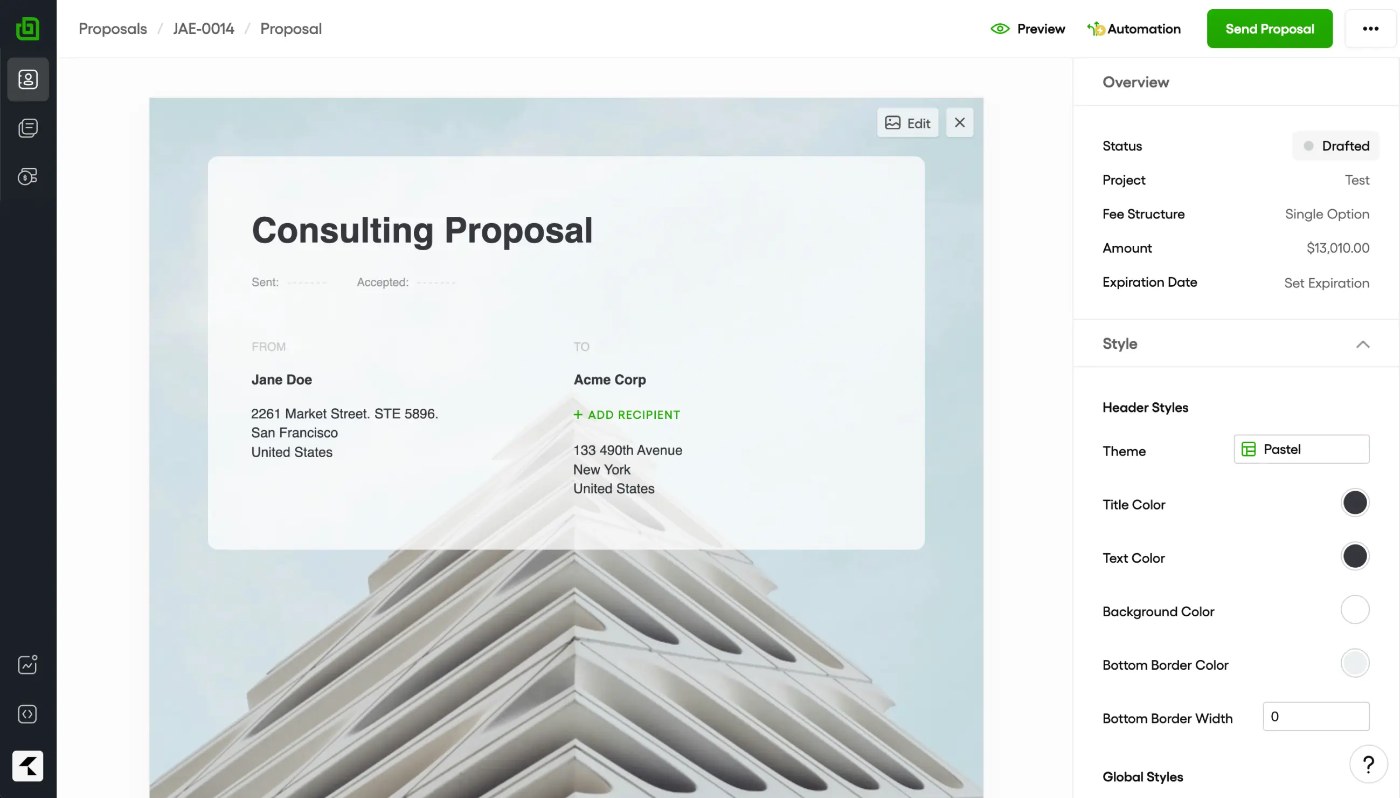 Official Bonsai product image of the proposal builder with a consulting proposal