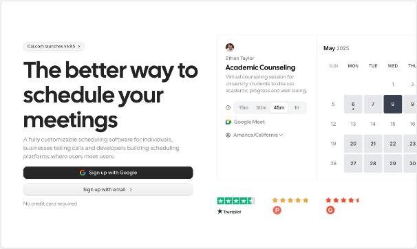 Cal.com homepage with a booking page preview and calendar