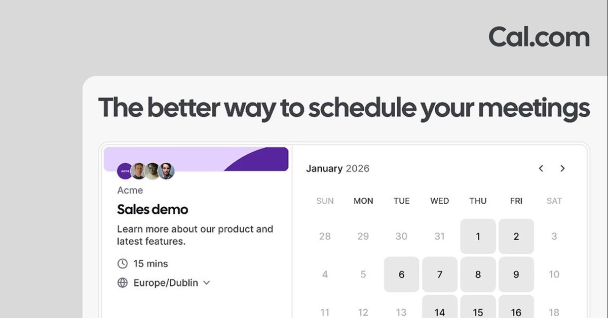 Official Cal.com preview image of a booking page with a monthly calendar
