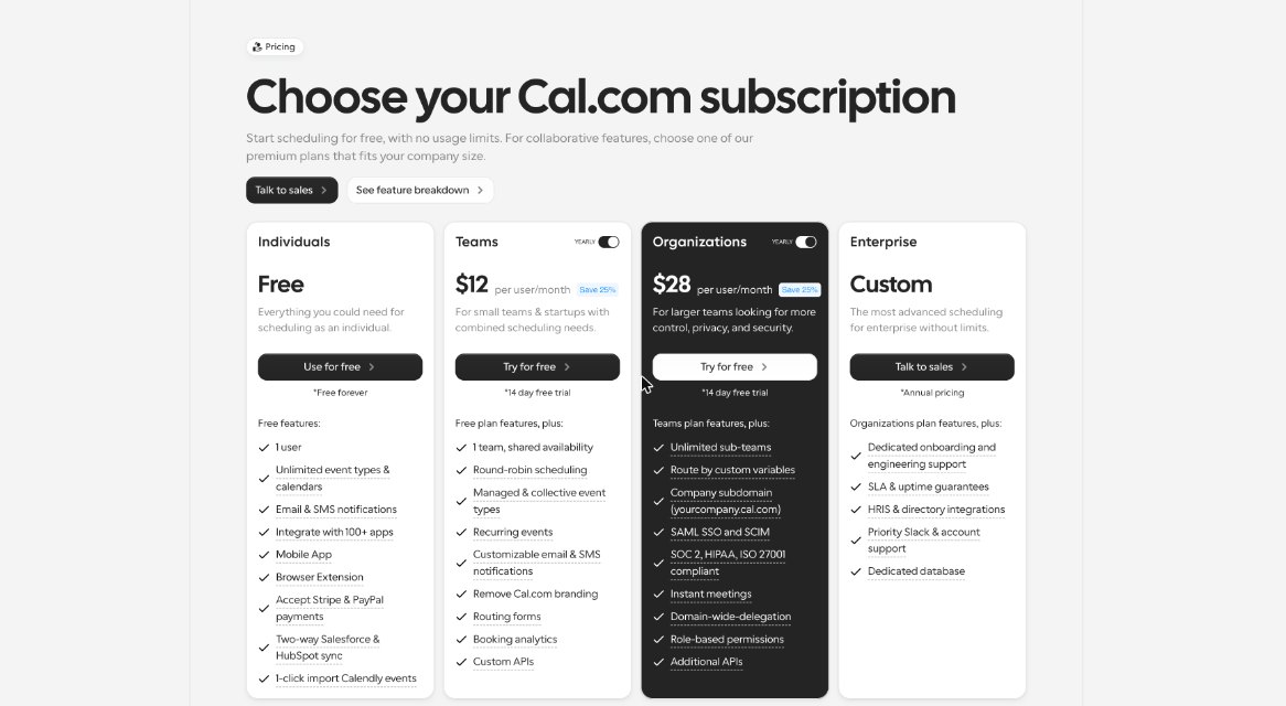 Cal.com pricing page comparing Free, Teams, Organizations and Enterprise plans