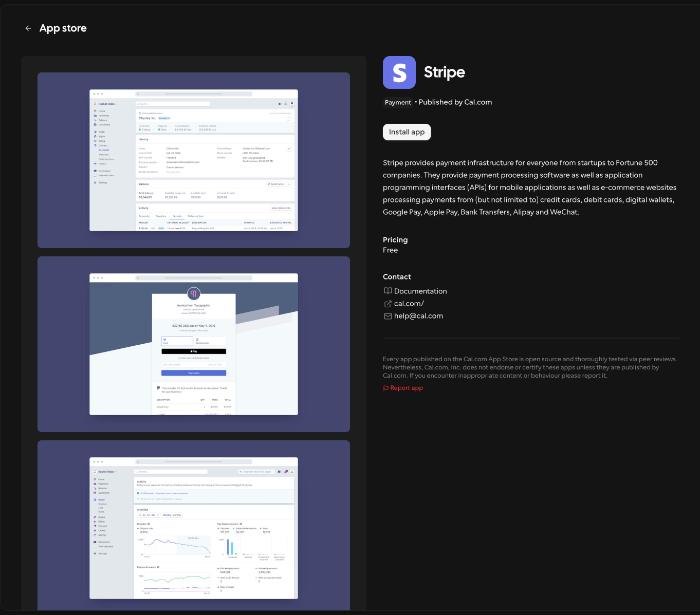 Cal.com App Store page for the Stripe payment app