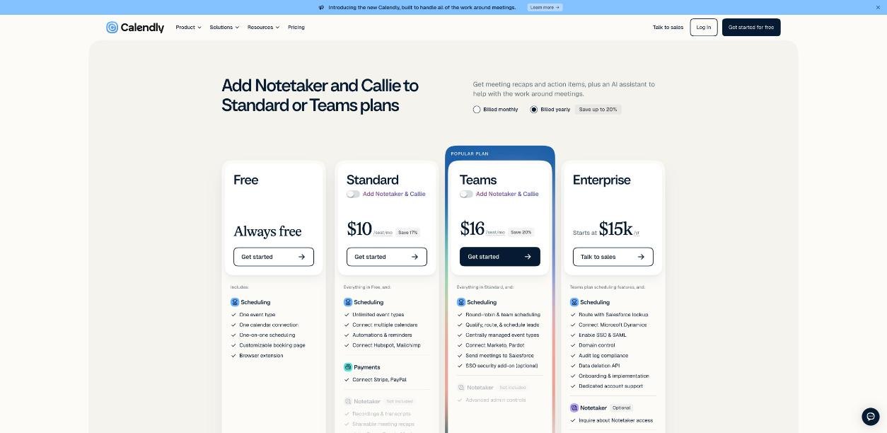 Calendly pricing page comparing the Free, Standard, Teams and Enterprise plans