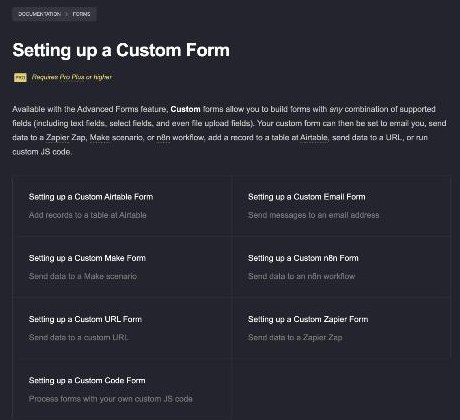 Carrd documentation for custom forms showing options to send data to Airtable, email, Make, n8n, a URL, Zapier or custom code