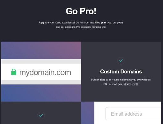 Carrd Go Pro page highlighting custom domains with SSL support