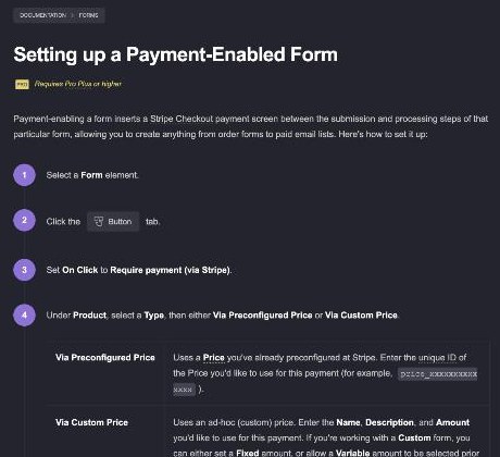 Carrd documentation for setting up a payment-enabled form with Stripe Checkout