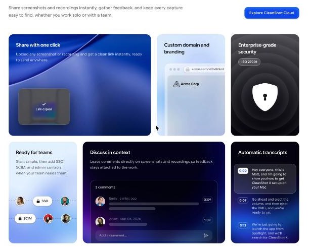 CleanShot Cloud features: share with one click, custom domain and branding, comments in context and automatic transcripts