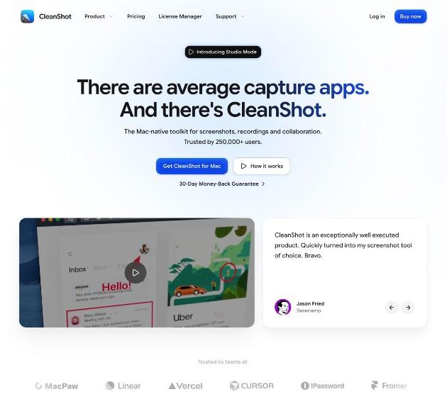 CleanShot X homepage describing a Mac-native toolkit for screenshots, recordings and collaboration