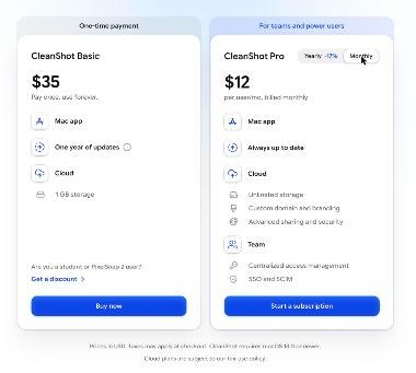 CleanShot pricing page comparing CleanShot Basic one-time payment and CleanShot Pro subscription