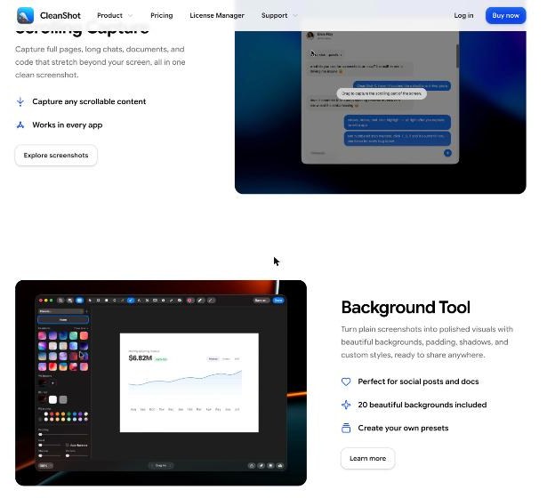 CleanShot X scrolling capture of a long chat and the background tool for polished screenshots